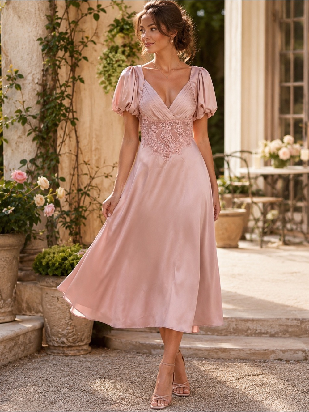 CIDER Pink Satin Lace Puff Sleeve Midi Dress M Coquette Lace Balletcore Romantic